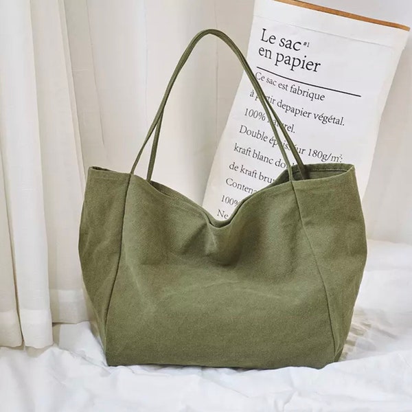 Big Tote Bag Market Canvas Grocery Bag high quality Jute Bag Reusable Shopping Bag Cotton Paris Pocket (green, off-white, black or brown)