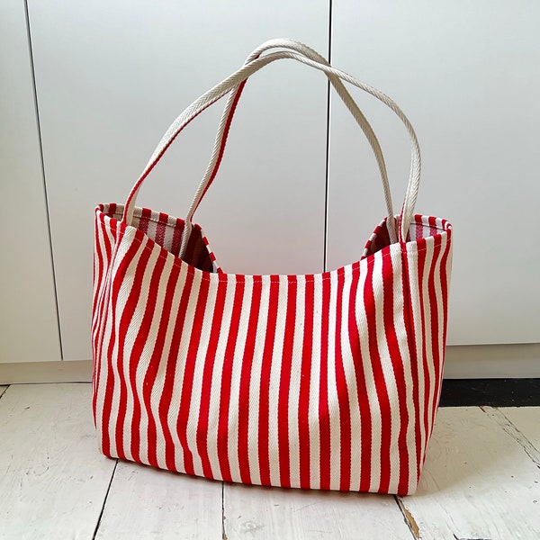 Striped Summer Canvas Jute Tote Bag