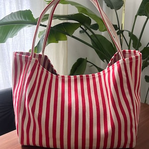 Striped Summer Canvas Jute Tote Bag image 2