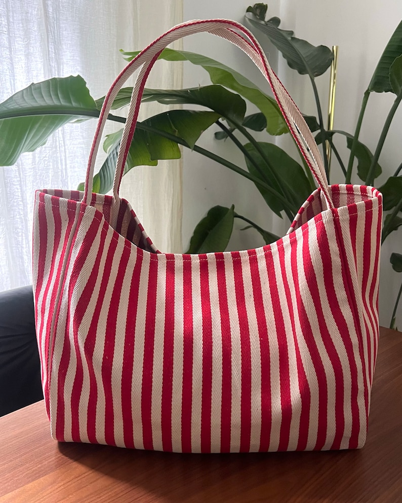 Striped Summer Canvas Jute Tote Bag image 2