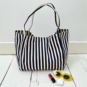 Blue Marine Striped Summer Beach Canvas Jute Tote Bag