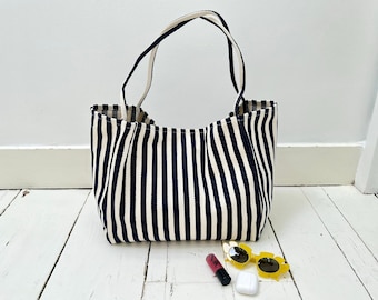 Blue Marine Striped Summer Beach Canvas Jute Tote Bag