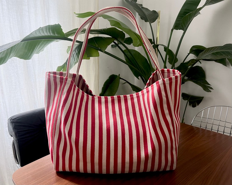 Striped Summer Canvas Jute Tote Bag image 3