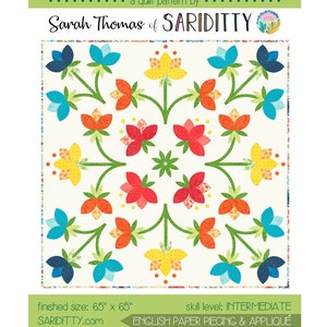May include: A quilting pattern for a Talavera Tile quilt, featuring a colorful floral design with red, yellow, blue, and green flowers. The pattern is 65 inches by 65 inches and is an intermediate skill level. The pattern is for English paper piecing and appliqué.