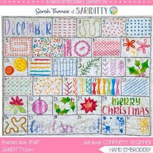 May include: A hand embroidery sampler pattern titled "December Sampler Stitch" by Sarah Thomas of SARIDITTY. The pattern includes 31 different embroidery stitches, each in a separate square, with a variety of colors and designs. The finished size of the sampler is 8 inches by 10 inches.