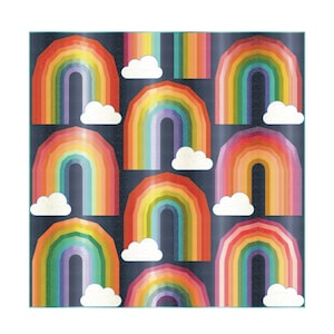 May include: A repeating pattern of colorful rainbows with white clouds on a dark blue background.
