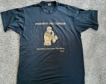 RARE Vintage President Bill Clinton America's Cure For the Blues Black T-Shirt