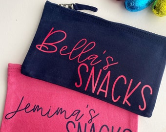 Personalised Snack bags - school snack pots - cotton zip pouches for travel snacks