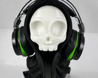 Hooded Skull Headphone Stand, Gothic Gaming Decor