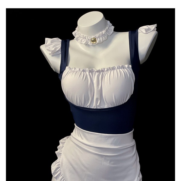 French Maid Dress Fancy Dress with Choker - Cosplay Costume - French Maid Dress - Cosplay Dress - Ruffle Trim Maid Dress