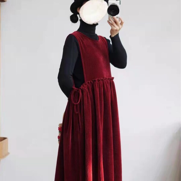 Capsule wardrobe, Corduroy jumper skirt  - wine red U neck jumper dress - corduroy dress
