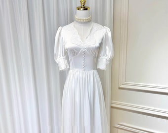 Elegant French Bubble Sleeve Dress/Lace  Embroidery Dress/Satin V-Neck Dress/Swing Long Dress/Engagement Dress Dress/Bridesmaid Dress