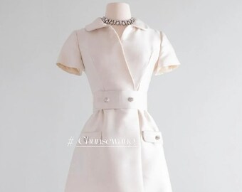 Handmade Clothing - Retro Style Custom Dress - Formal Dress - Office Dress - Vintage Style Belted dress - Women White Suit Dress