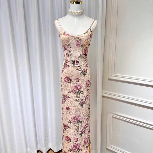 Customized Vintage Spice Girl Dress / Lace Floral Dress / Halter Dress / To Calf Dress / High Waist Split Wrap Hip Long Skirt Set
