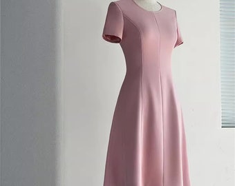 Cherry Blossom Pink Dress,French Temperament Dress,Summer Slim Dress,Vintage Dress,Gift For Her,Holiday Dresses，Short Sleeve Dresses