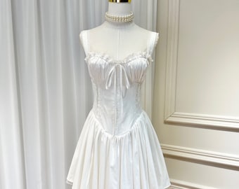 White Summer Dress - Bohemian Chic - Short Bow Bridal Shower Dress - Mini Dress - Wedding Mini Dress - Milkmaid White Dress