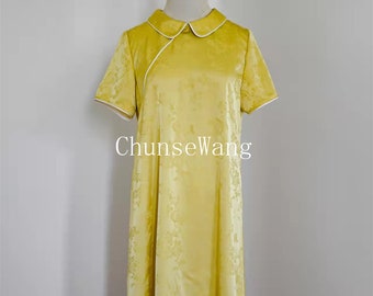 Capsule wardrobe, Real Silk Dress With Sleeve Bright Yellow / Collared Real Silk Dress / Leisure Silk Dress