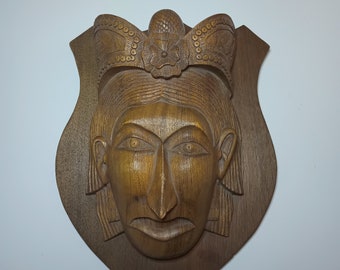 Vintage Hand Carved Wooden Indonesian Head Sculpture Wall Mask.  9.5" x 7"