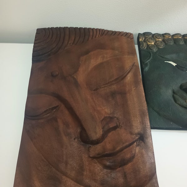 2 Beautiful Hand Carved Wooden Wisdom Buddha Face Wall Plaques.  17.5" x 11.5"  12" x 9.5"