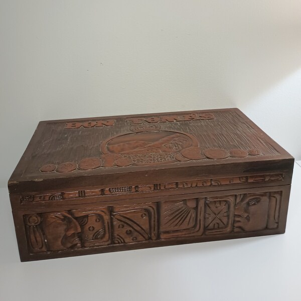 Unique Hand Made Vintage Hand Carved Wooden Aztec Mayan Don Toma's Large Cigar Box. 17.5" x 9.5" 5.5"