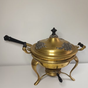 Beautiful Antique Brass Fondue Set Chafing Dish. 16.5" x 10.5"