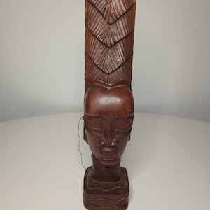 Vintage Hand Carved Wooden Tribal African Face Bust Sculpture.  3&quot; x 14.5&quot;