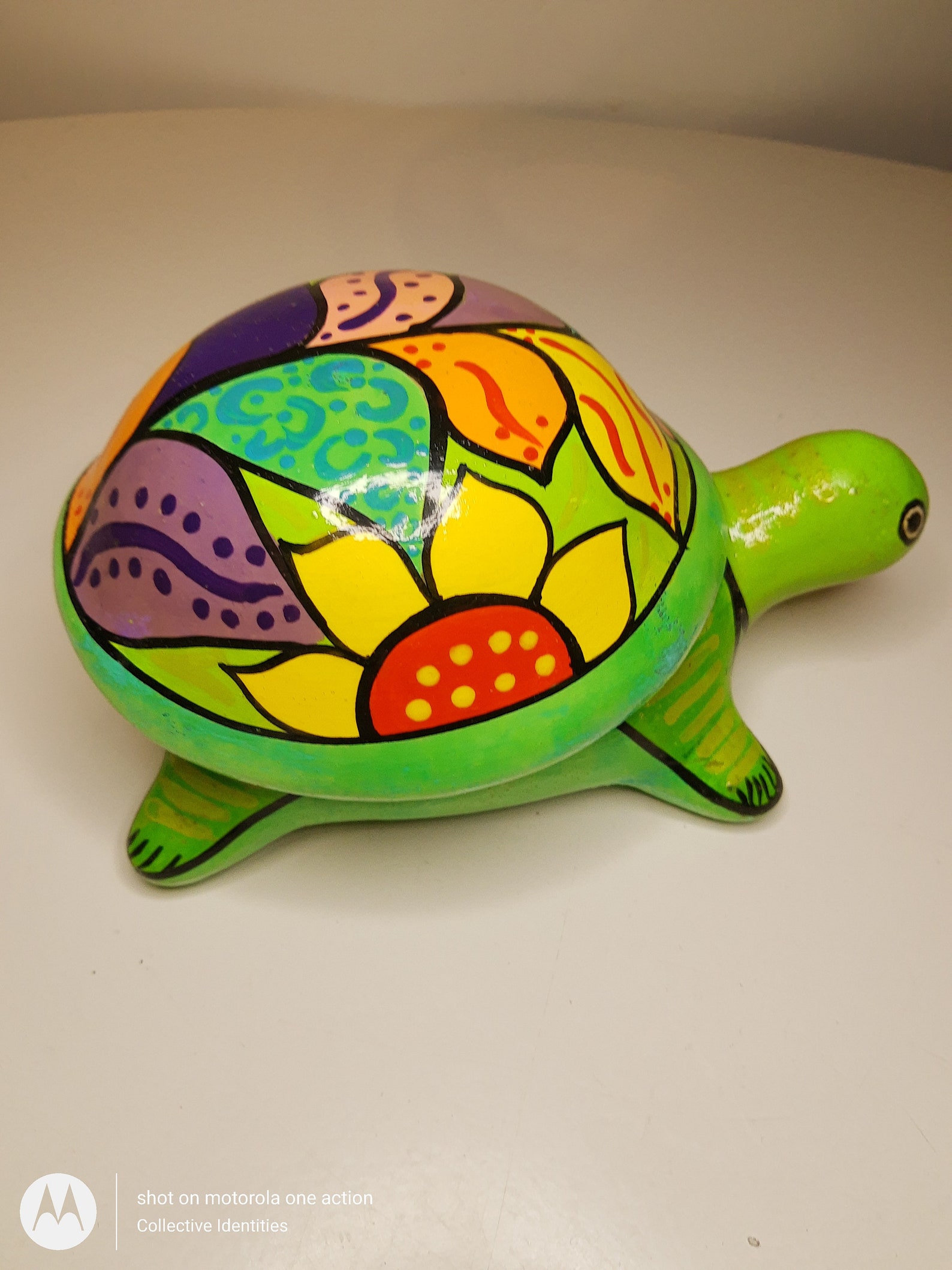 Hand painted folk art ceramic turtle with removable shell for Etsy