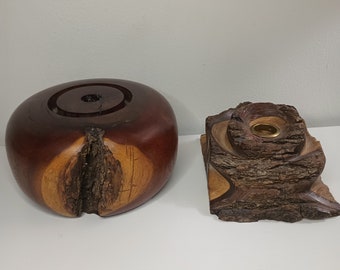 2 Beautiful Vintage Burl Wood Candle Holders.  5.5" x 2.5" 6.5" x 3"