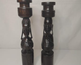 Mid Century Hand Carved Wooden African Candle Holders. 9" x 1.5"
