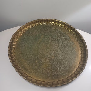 Vintage 18” Brass Etched Round Tray Table Wall Hanging Hong Kong Birds  Blessing 