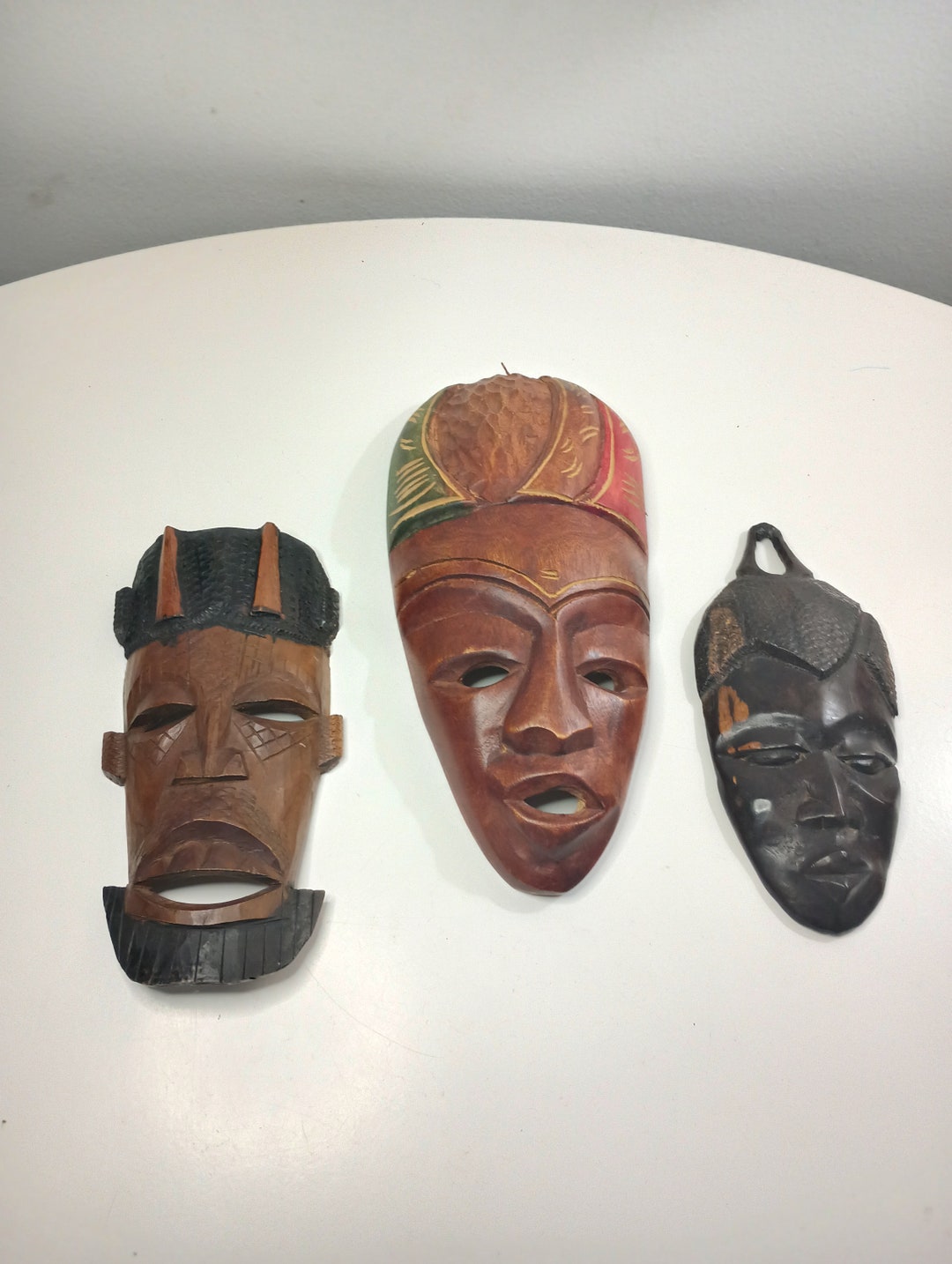3 Vintage Hand Carved Wooden African Tribal Mask. 8.5 X 4 11 X 5.5 3.5