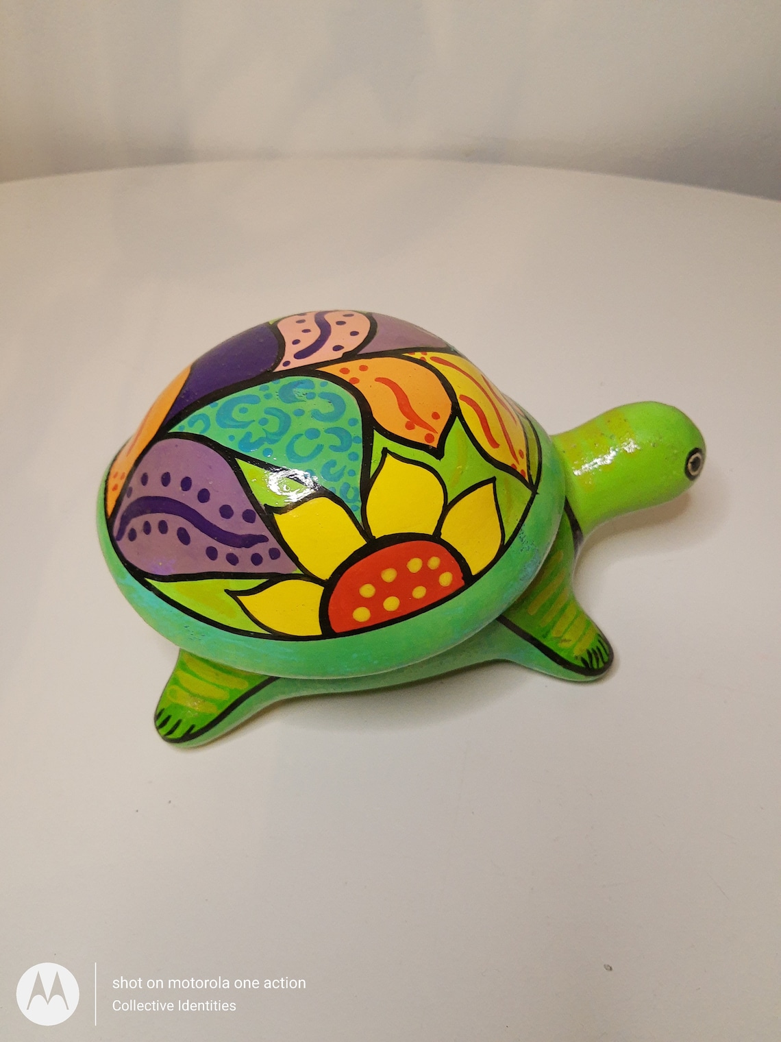 Hand painted folk art ceramic turtle with removable shell for Etsy