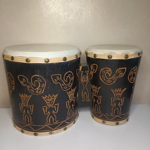 Vintage Hand Carved Wooden Unique Bongo Drum. 14&quot; x 8&quot;
