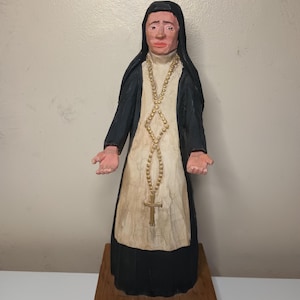 Vintage Hand Carved Wooden Folk Art Nun Sculpture. 4.5&quot; x 11.5&quot;