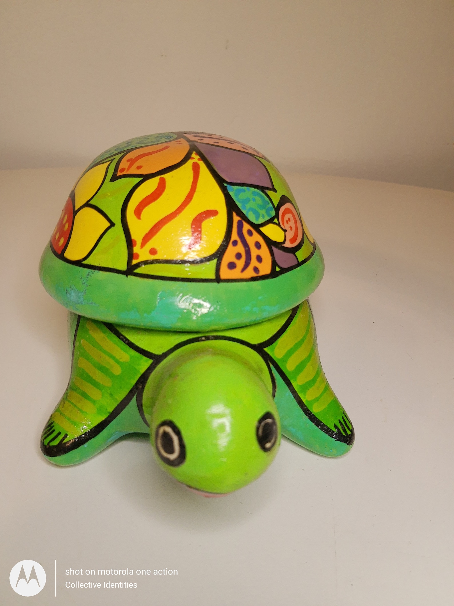 Hand painted folk art ceramic turtle with removable shell for Etsy