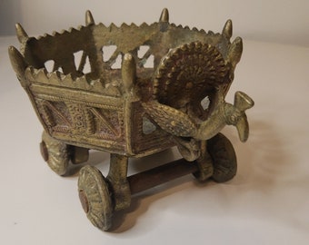 Handmade India Antique Brass Cart Four Wheels. 5" x  3.5"