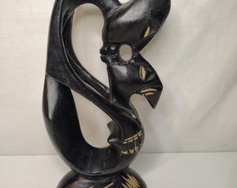 Abstract Hand Carved Wooden Kissing Couple Sculpture. 4.5" x 9"