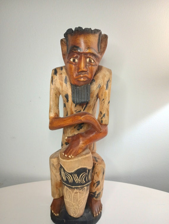 Very Large Hand Carved Wooden Unique Jamaican Rasta Man Drummer