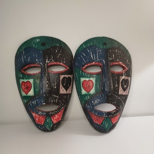 2 Beautiful Vintage Hand Carved Large Wooden Mask wall Decor Made in Indonesia.  12.5&quot; x 8&quot;