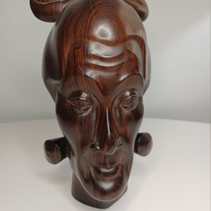 Hand Carved Twentieth Century Carving Of Tribal Head Bust Of Warrior Man Mahogany with Amazing Detail.  9&quot; x 4.5&quot;