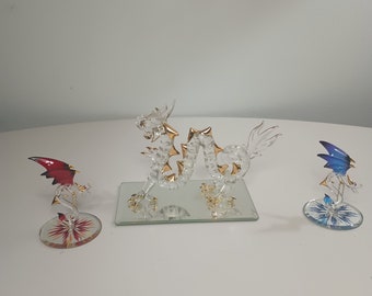 3 Vintage Glass Dragons Figurines. 2" x 2.5" x 3.5"