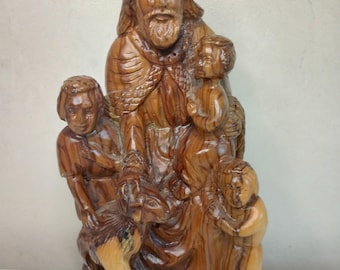Vintage Carved Wooden Jesus with Children Statue. 4" x 7.5"