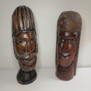 Pair of Beautiful Hand Carved Wooden Mid Century Tribal Head Bust Sculptures.  4&quot; x 12&quot; 3.5&quot; x 12.5&quot;