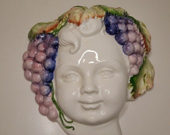 Bacchas God of Wine face wall hanging, Italian ceramic, Carraro, 9" x 8".