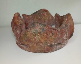 Vintage Circle of 4 Fish Clay Stone Candle Holder Folk Art Pottery Made in Mexico. 7.5" x 3.5"