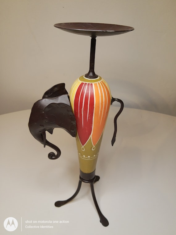 Pillar candle holder Elephant figurine metal hand painted. Etsy
