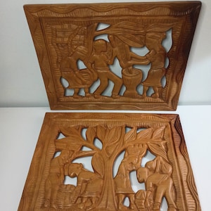 2 Vintage Hand Carved Wooden Tribal African Wall Art Decor.  16&quot; x 13&quot;