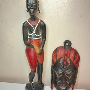 Hand Carved Wooden African Maasai Figurine and Mask. 2.5&quot; x 12&quot; 7&quot; x 3.5&quot;