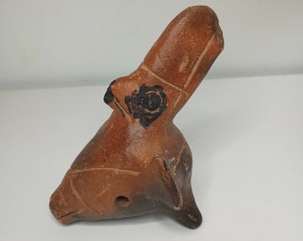 Vintage Hand Made Clay Pre Columbian Ocarina Pottery Bird Whistle. 3" x 4.5"