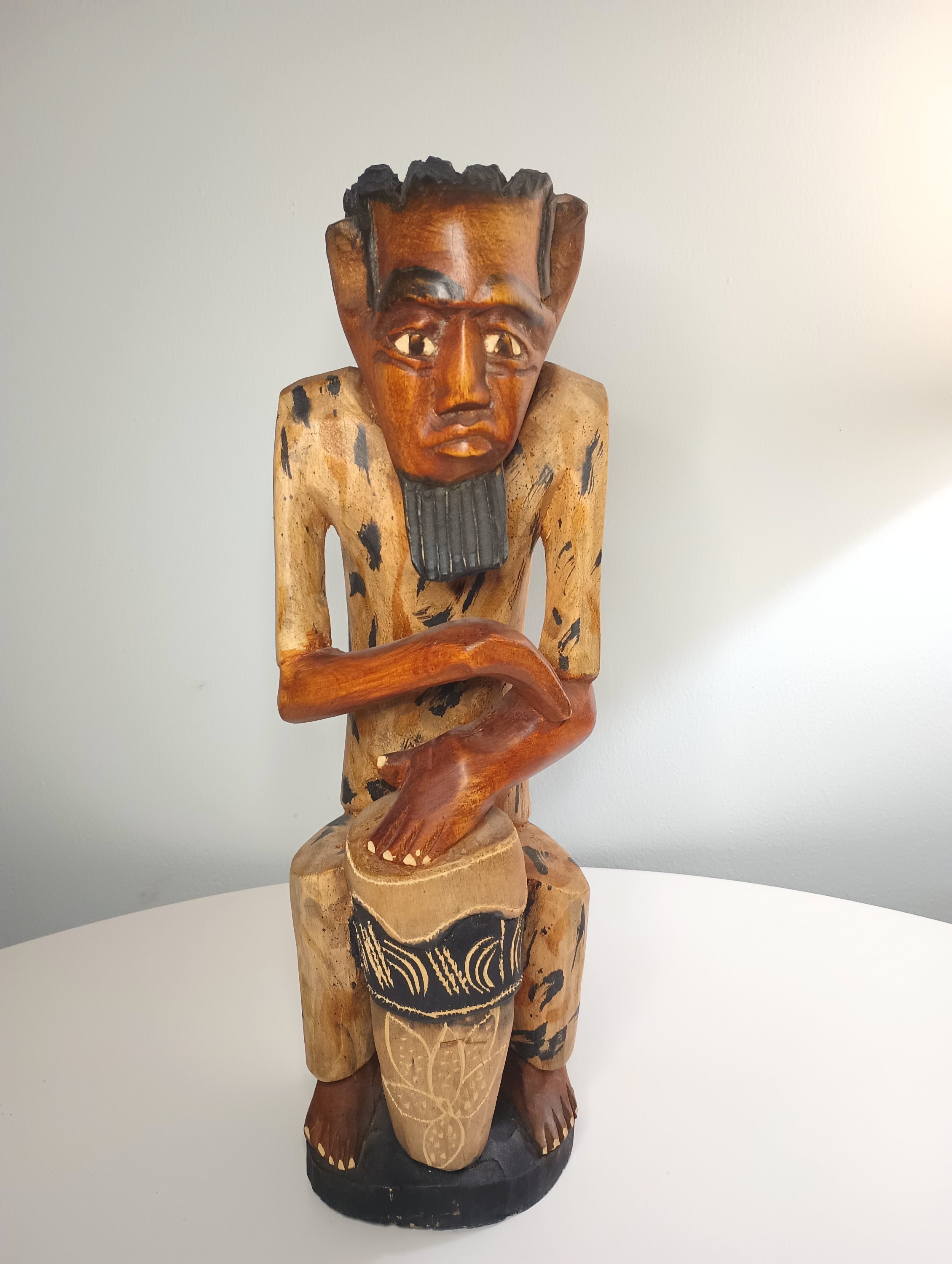 Very Large Hand Carved Wooden Unique Jamaican Rasta Man Drummer